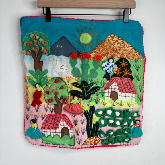 Peru Arpillera Handmade 3D Wall Art Hanging Village Garden Cabbage Trees Cactus - Picture 12 of 12